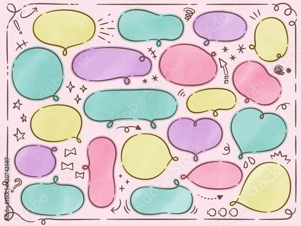 Fototapeta 水彩テクスチャーの、丸みのある吹き出し・フレーム素材セット