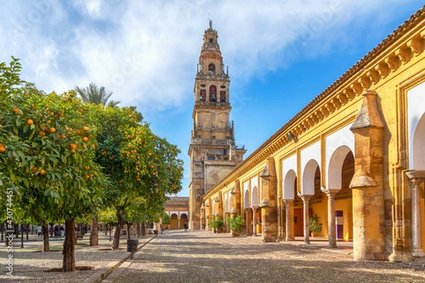 Obraz Cordoba, Spain. View of Torre Campanario - historical bell tower and courtyard planted with orange trees