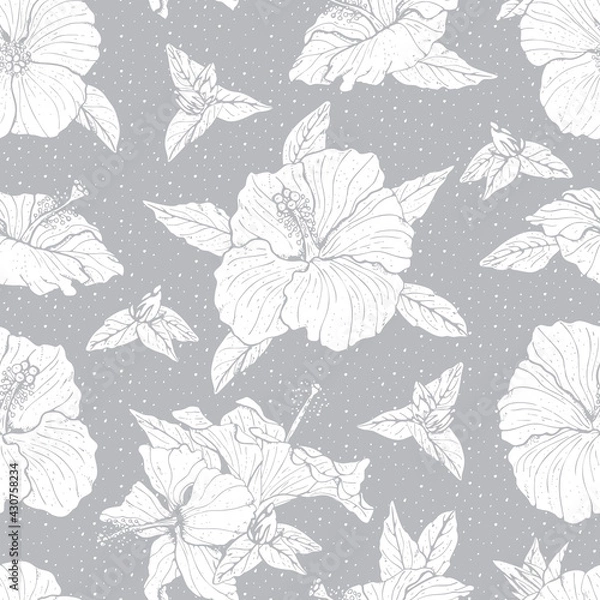 Fototapeta Monochrome seamless pattern with line art gray hibiscus flowers, buds and leaves, with gray outline. On white background. Stock vector illustration.