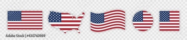 Obraz USA flag icon set. Stripes flags united states with stars. 4 July, Veteran and Memorial day vector banner. American national symbol isolated on transparent background. Vector illustration.