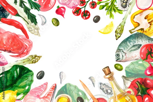 Fototapeta Watercolor frame with Mediterranean food. Vegetables and fish in watercolor. Frame with seafood and vegetables. Background for an inscription with Italian cuisine.