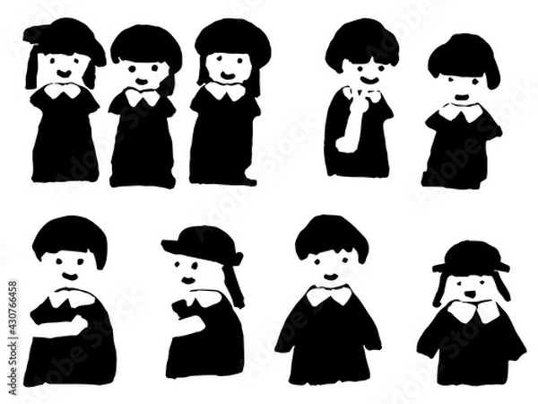 Fototapeta 制服の園児たちの上半身、切り絵風イラスト
