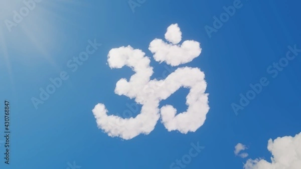 Obraz 3d rendering of white clouds in shape of symbol of om on blue sky with sun