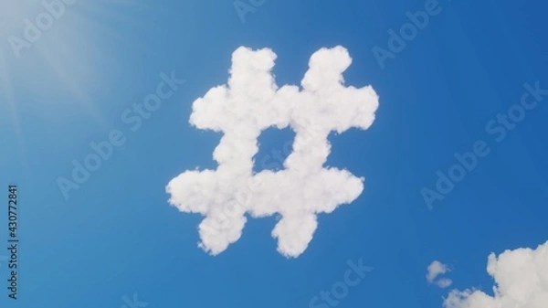 Obraz 3d rendering of white clouds in shape of symbol of hashtag on blue sky with sun