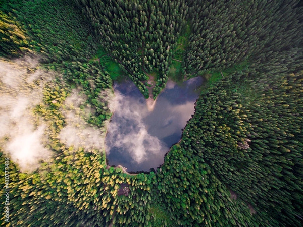 Fototapeta Mountain Lake in Pine Forest Aerial Drone View Through the Cloud