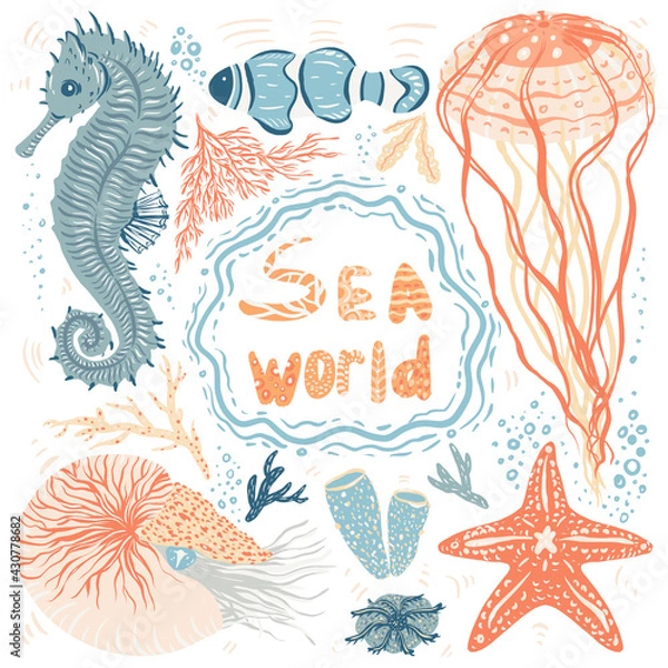 Obraz Cartoon marine animals and plants in doodle style. Funny underwater world set 