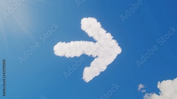 Fototapeta 3d rendering of white clouds in shape of symbol of arrow right on blue sky with sun