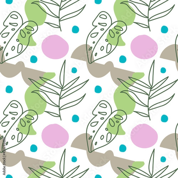 Fototapeta Seamless vector pattern with shape,tropical leaves trendy color.Abstract print with aesthetics hand drawn shapes on white isolated background.Design for textiles,wallpaper,fabric,wrapping paper.