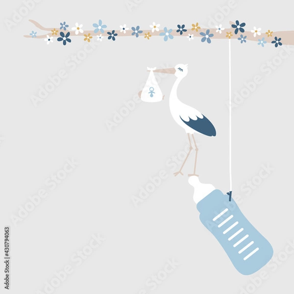 Fototapeta Storch Auf Flasche Baby Junge Baum Retroblau Senfgelb