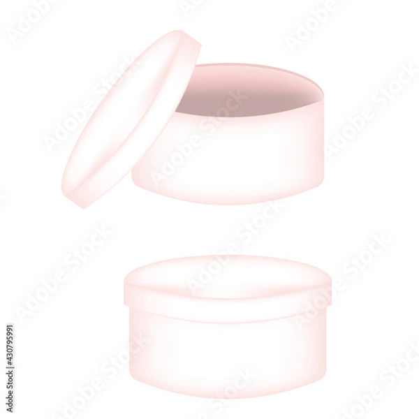 Obraz two round gift boxes open and closed white with pink edges isolated