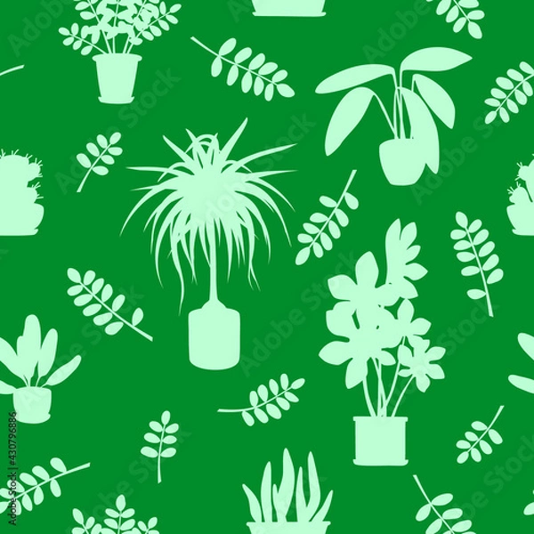 Fototapeta Silhouettes of indoor plants. Seamless pattern. Vector set on an isolated background. Flat illustrations of potted flowers on a green background can become a fabric, packaging paper, background.