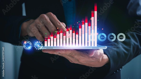 Obraz Intelligence business analytics graph dashboard with digital icon analysis diagram, growth interface key performance indicators (KPI) concept.