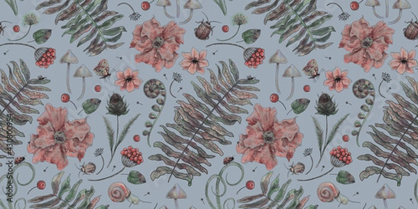 Fototapeta Vintage botanical pattern. Forest background with butterflies, beetles, herbs, fern, flowers. Watercolor elements. Hand drawing. Suitable for the design of fabric, paper, wallpaper, notebook covers