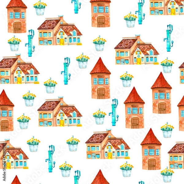 Fototapeta Seamless pattern. Fantastic watercolor fairy house and mill print for decorating children's fabric, wrapping paper