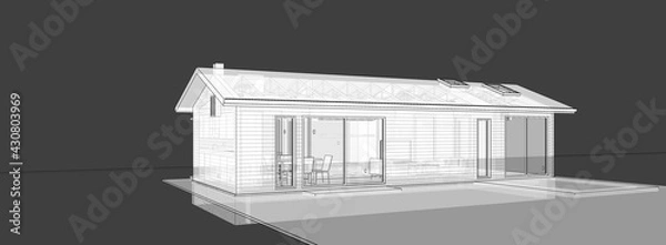 Fototapeta 3d illustration perspective of a small house. Rectangular shaped building with pitched roof and skylights.  Image in transparent mode on dark grey background. 