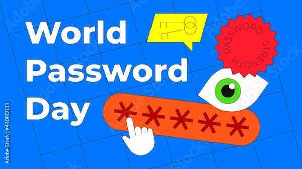 Fototapeta World Password Day vector illustration isolated on blue background. Security eye concept, key icon in speech bubble and password strength round sticker. Flat thin line style.