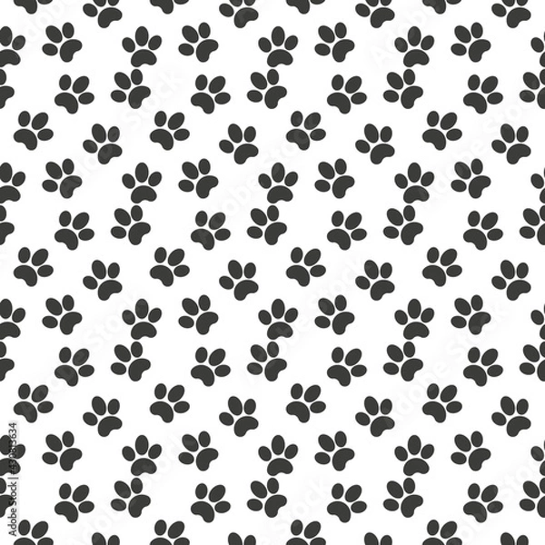 Fototapeta Vector seamless pattern of flat black animal dog cat foot print steps isolated on white background