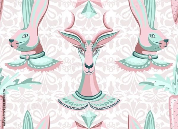 Obraz Seamless vector pattern of gems similar to diamonds, goat, rabbit and carrot. Original trendy texture background with unusual characters
