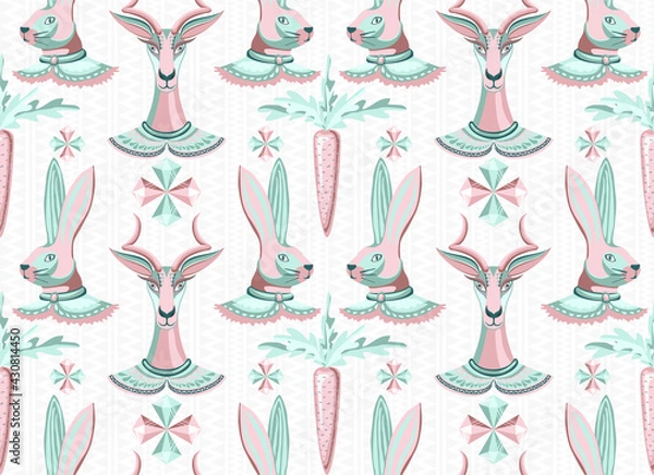 Obraz Seamless vector pattern of gems similar to diamonds, goat, rabbit and carrot. Original trendy texture background with unusual characters