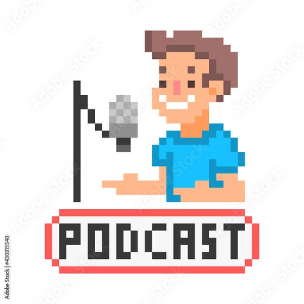 Fototapeta Happy smiling man hosting podcast, 8 bit pixel art icon isolated on white background. Guy streaming online show. Radio personality broadcasting live. Vintage retro video game graphics.