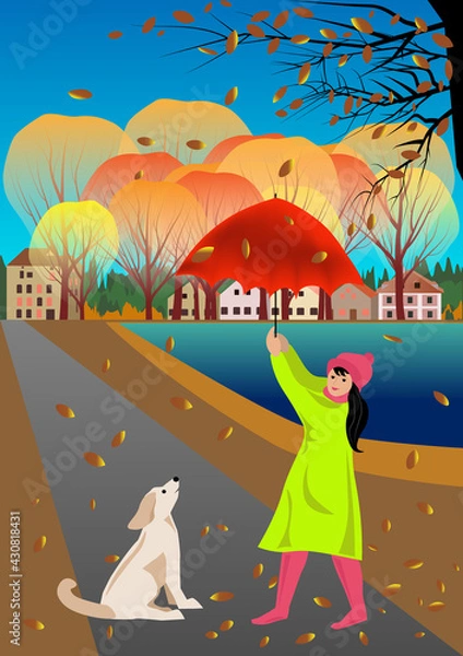Obraz A girl in a yellow raincoat with a red umbrella and a dog are playing in the autumn park. Village houses. Yellow and orange trees, a pond, falling autumn leaves.Vector illustration.
