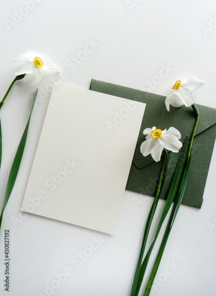 Obraz Mockup card with green envelope and daffodils 