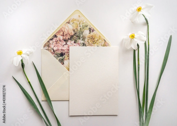 Obraz Mockup card with floral envelope and daffodils 
