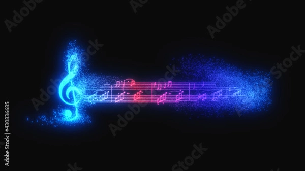Fototapeta Musical notes on black background.Neon Musical concept.Continuous line drawing. illustration.