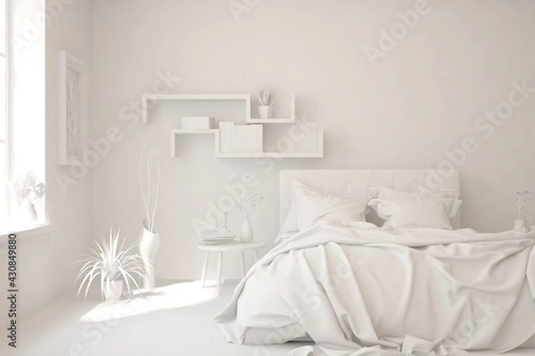Fototapeta Modern bedroom in white color. Scandinavian interior design. 3D illustration