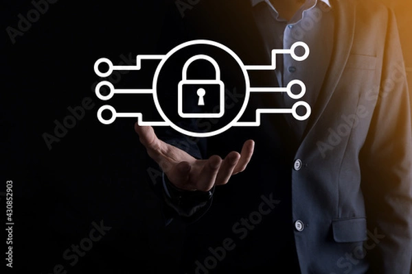 Fototapeta Cyber security network. Padlock icon and internet technology networking. Businessman protecting data personal information on tablet and virtual interface. Data protection privacy concept. GDPR. EU