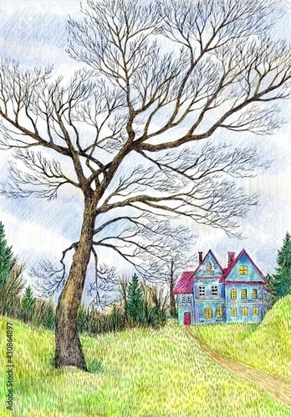 Obraz Rural landscape. The tree and the house. Drawing with ink and colored pencils. Illustration for the decor and design of posters, postcards, prints, stickers, invitations, textiles and stationery.