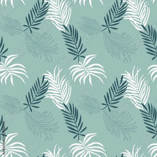 Fototapeta A seamless pattern of tropical palm leaves. Collage style, minimalist. Pastel earthy colors. Vector botanical background for cover, print for clothes, textiles