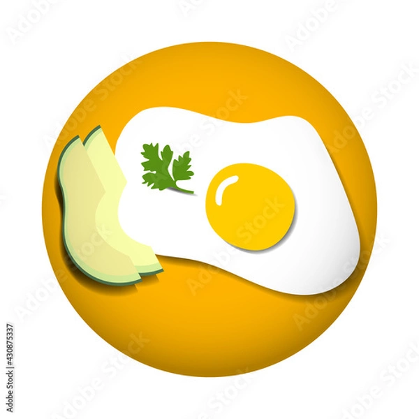 Fototapeta Scrambled eggs and avocado - a healthy food for a healthy diet for adults and children. Vector illustration in a round shape. EPS isolated. Parsley and avocado for a snack.