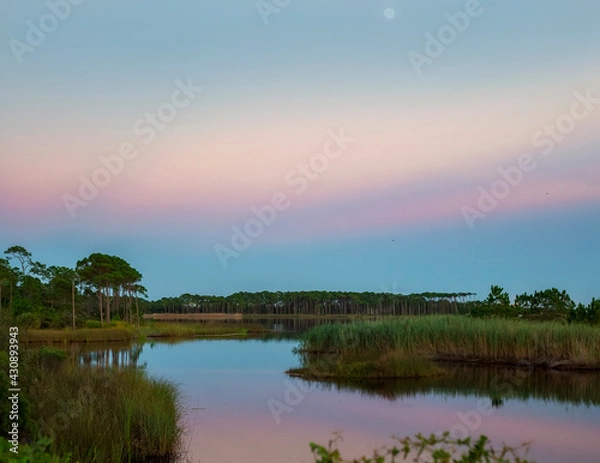 Obraz sunset on bay lake with dunes 