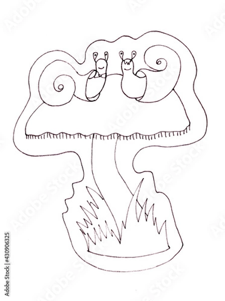 Fototapeta Two snails on a mushroom cap, graphic black and white drawing on a white background