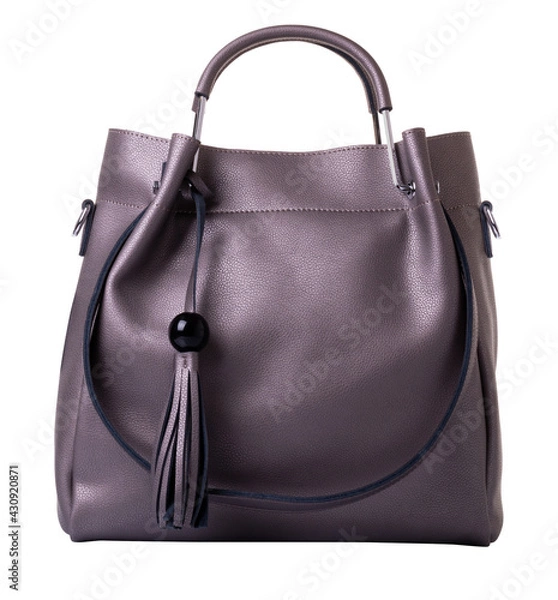 Obraz Silver leather bag for women. Two handles for carrying the bag in the hand. On a white background