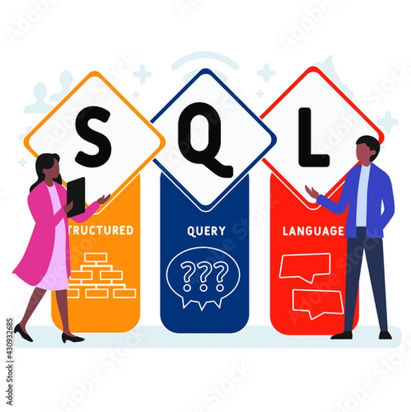 Fototapeta Flat design with people. SQL - Structured Query Language acronym. business concept background. Vector illustration for website banner, marketing materials, business presentation, online advertising