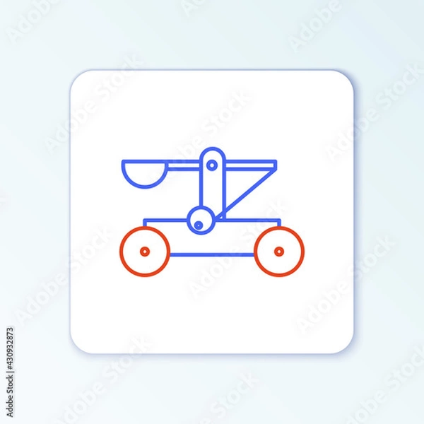 Fototapeta Line Old medieval wooden catapult shooting stones icon isolated on white background. Colorful outline concept. Vector