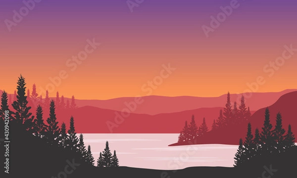 Obraz Fantastic view of the mountains and silhouettes of pine trees with starry sky and full moon. Vector illustration
