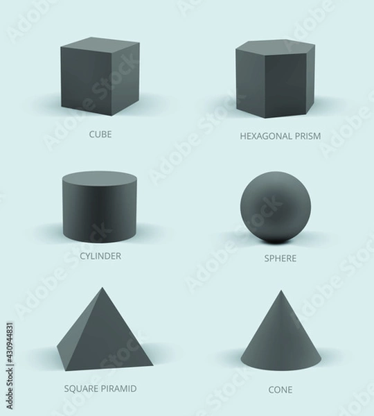Fototapeta Basic 3D geometric shapes collection with names. Vector realistic illustration.