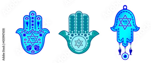 Fototapeta Set traditional Jewish Hamsa amulets, the hand of Miriam, the hand of David-with a six-pointed star and the inscription in Hebrew of the word Life. Vector illustration isolated on a white background