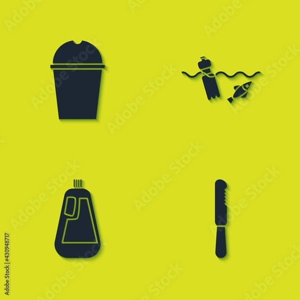 Fototapeta Set Paper glass water, Disposable plastic knife, Bottle for dishwashing liquid and Problem pollution of the ocean icon. Vector
