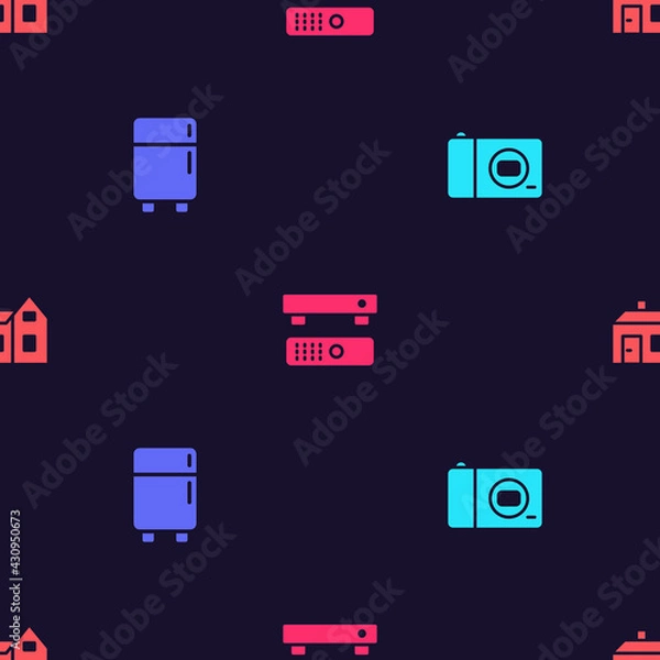 Fototapeta Set Photo camera, Refrigerator, Multimedia and TV box and House on seamless pattern. Vector