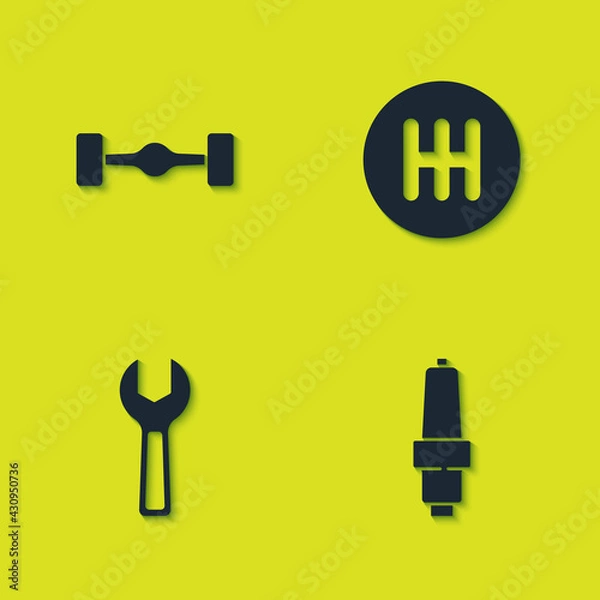 Fototapeta Set Chassis car, Car spark plug, Wrench spanner and Gear shifter icon. Vector
