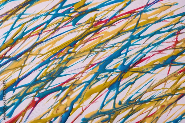 Fototapeta Red and blue lines and splashes drawn on white background. Abstract art backdrop with yellow brush decorative stroke.