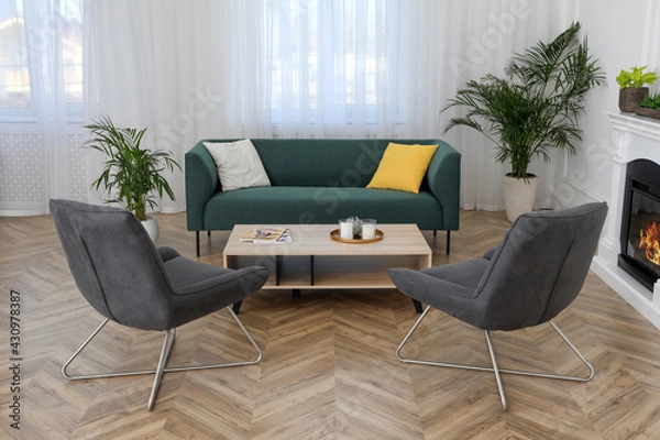 Fototapeta Stylish living room interior with comfortable sofa and armchairs