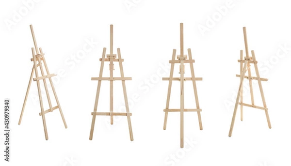 Fototapeta Set with wooden easels on white background. Banner design
