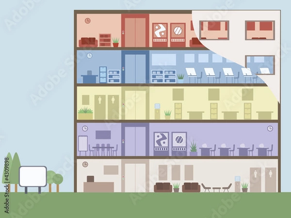 Fototapeta office building vector business interior with work floor spaces on blue and green background