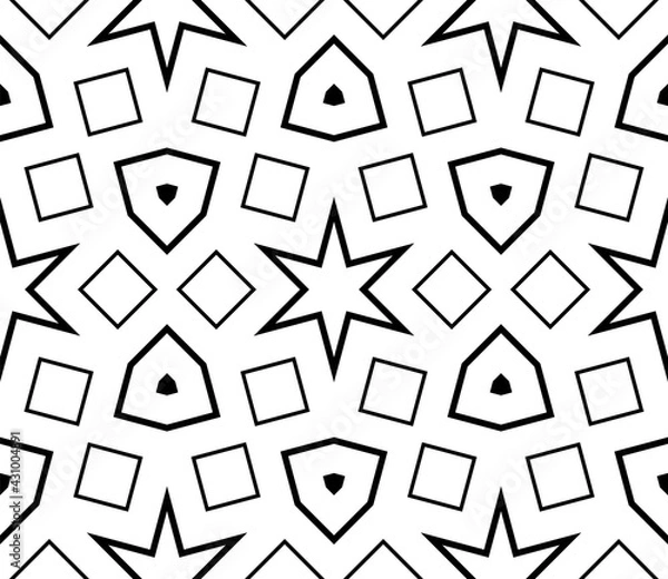 Fototapeta Abstract black and white halftone hexagon, triangle seamless pattern. Geo shape background. Mosaic, tile of thin line ornament.