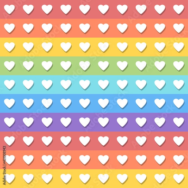 Fototapeta Geometric pattern with hearts on rainbow colored background. Flat cartoon style